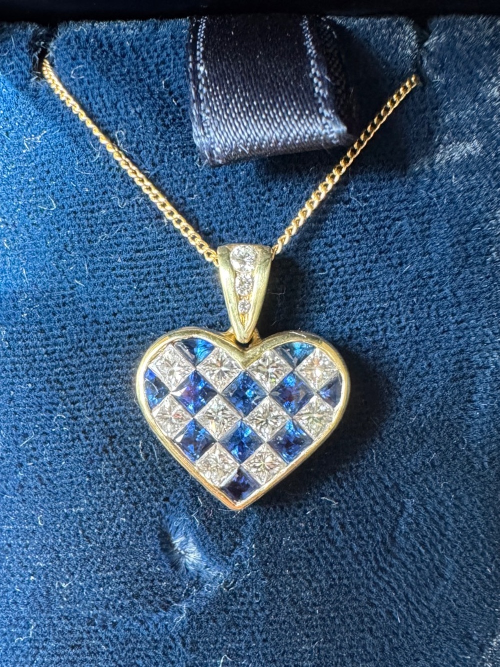 Tiffany & Co. 18k Yellow Gold Heart Pendant Necklace Sapphire Diamond vintage
